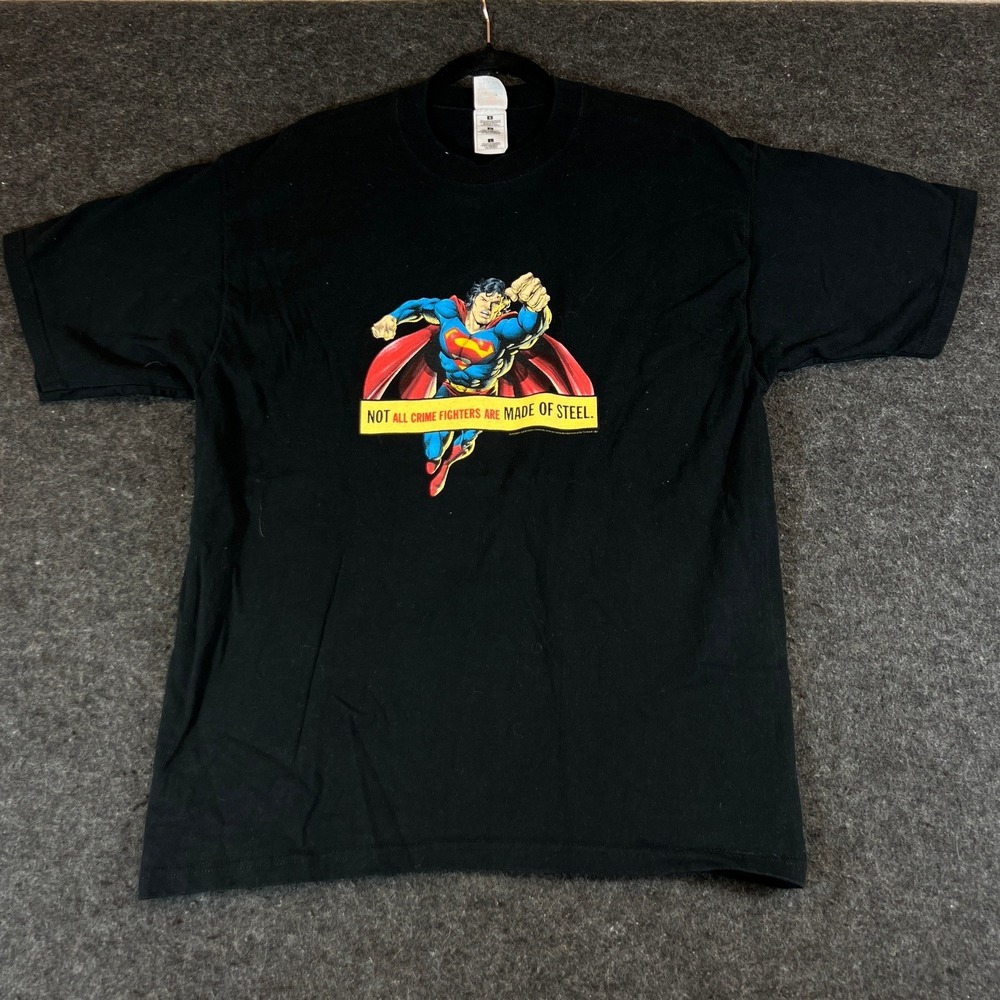 Vintage 90s Superman Not All Crime Fighters Made Of Steel T-Shirt Black Mens L